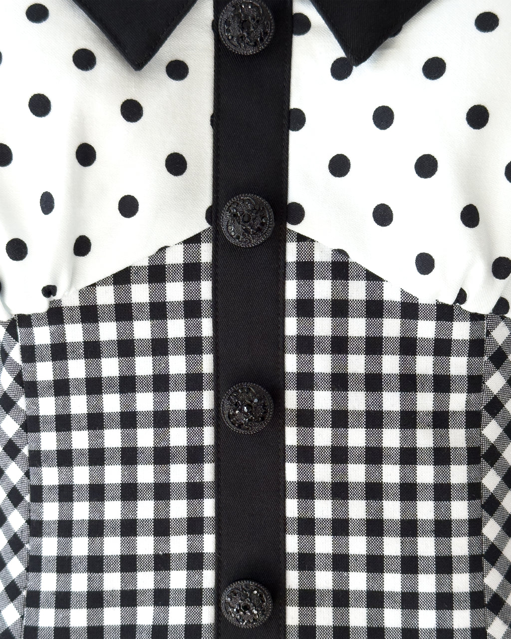 Amy Jumpsuit bodice front detail — Polka dot and gingham fabric, black decorative buttons.