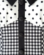 Amy Jumpsuit bodice front detail — Polka dot and gingham fabric, black decorative buttons.