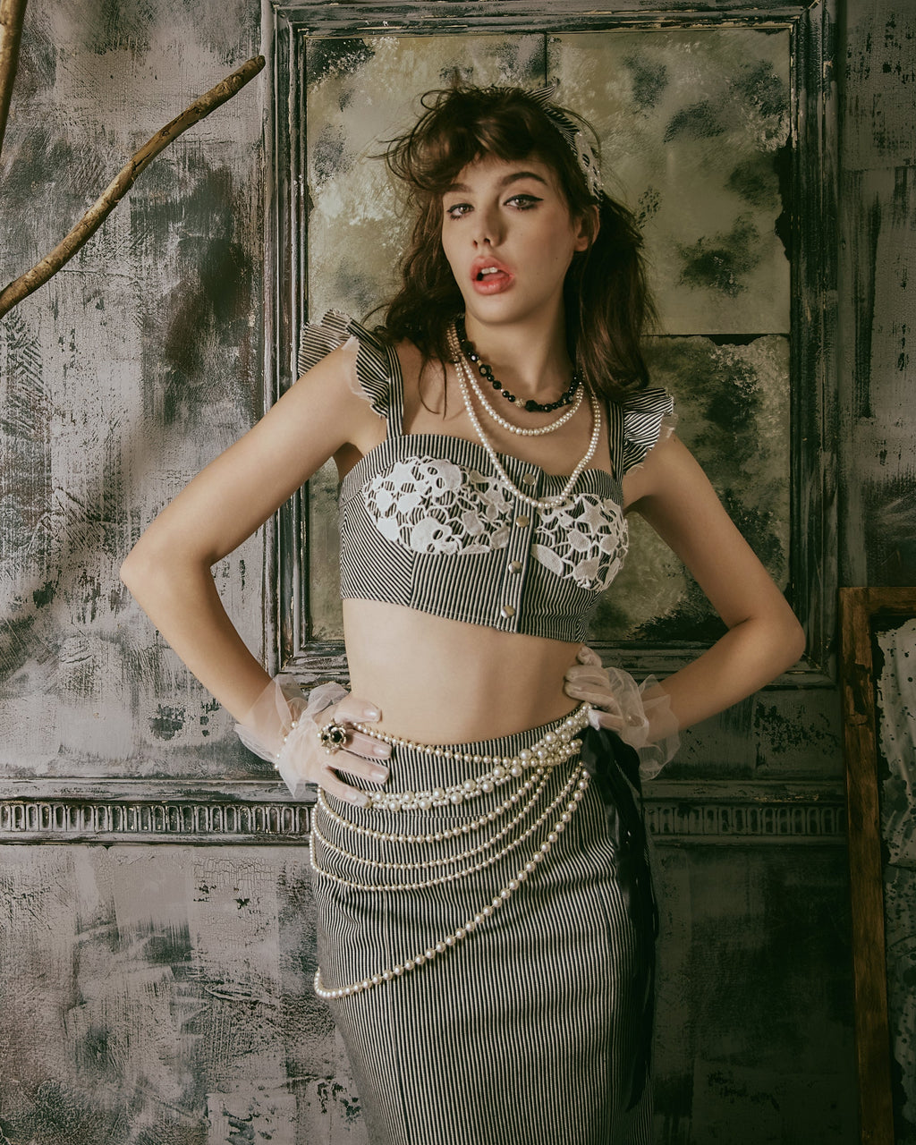 Model wearing Carla Bustier in indigo hickory denim — Atë