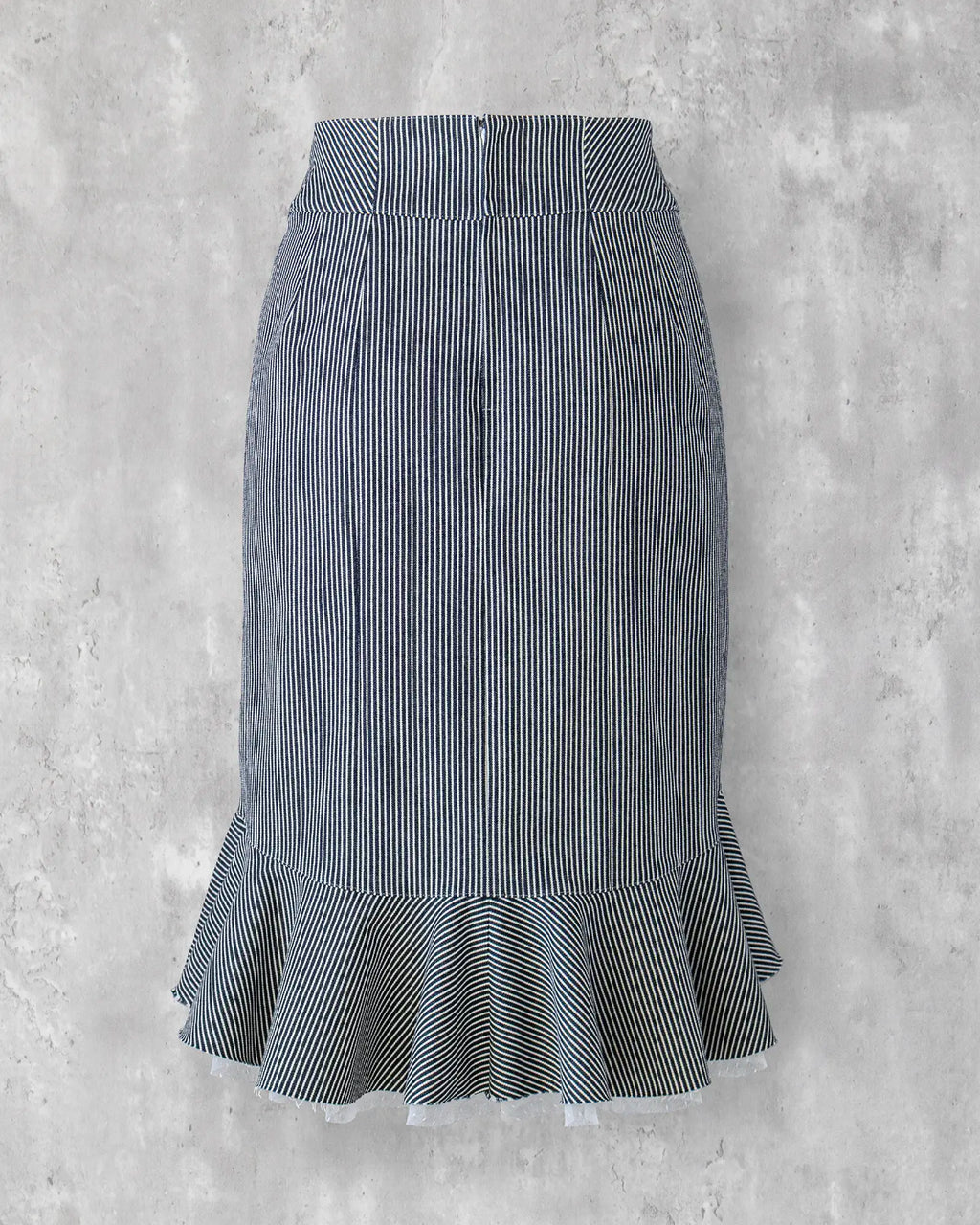 Indigo hickory denim skirt with layered frill hem, back view — Carla Skirt by Atë