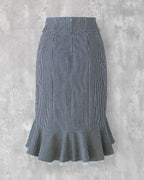 Indigo hickory denim skirt with layered frill hem, back view — Carla Skirt by Atë