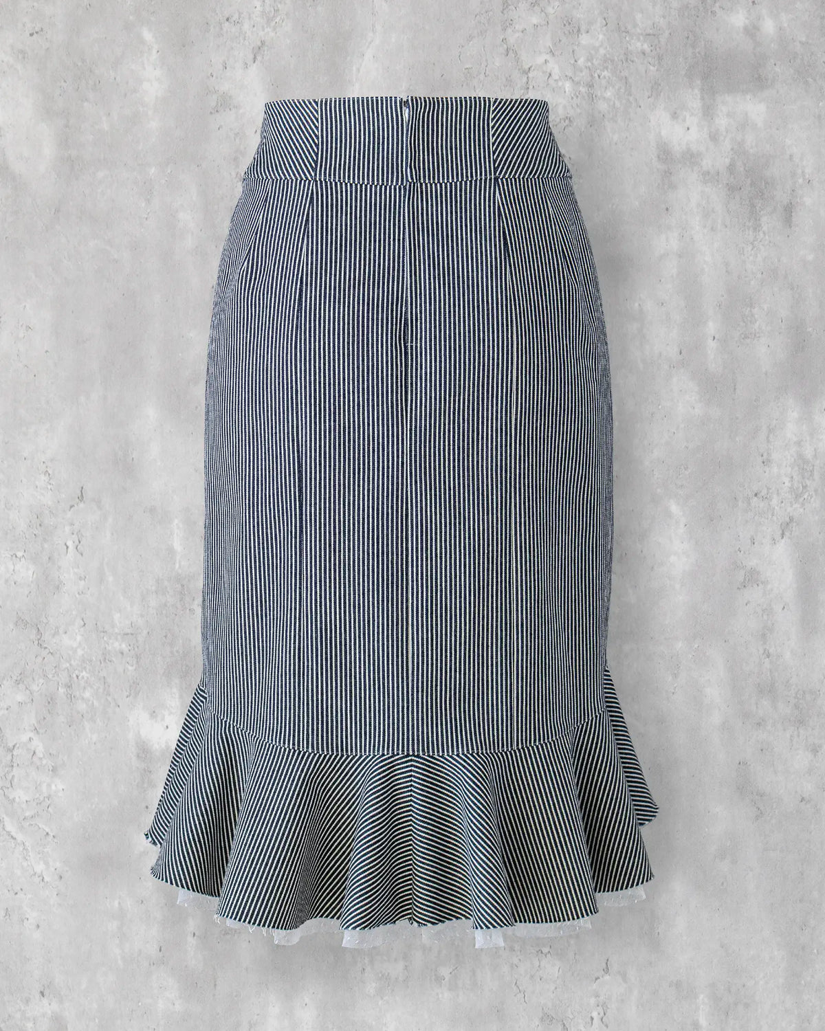 Indigo hickory denim skirt with layered frill hem, back view — Carla Skirt by Atë