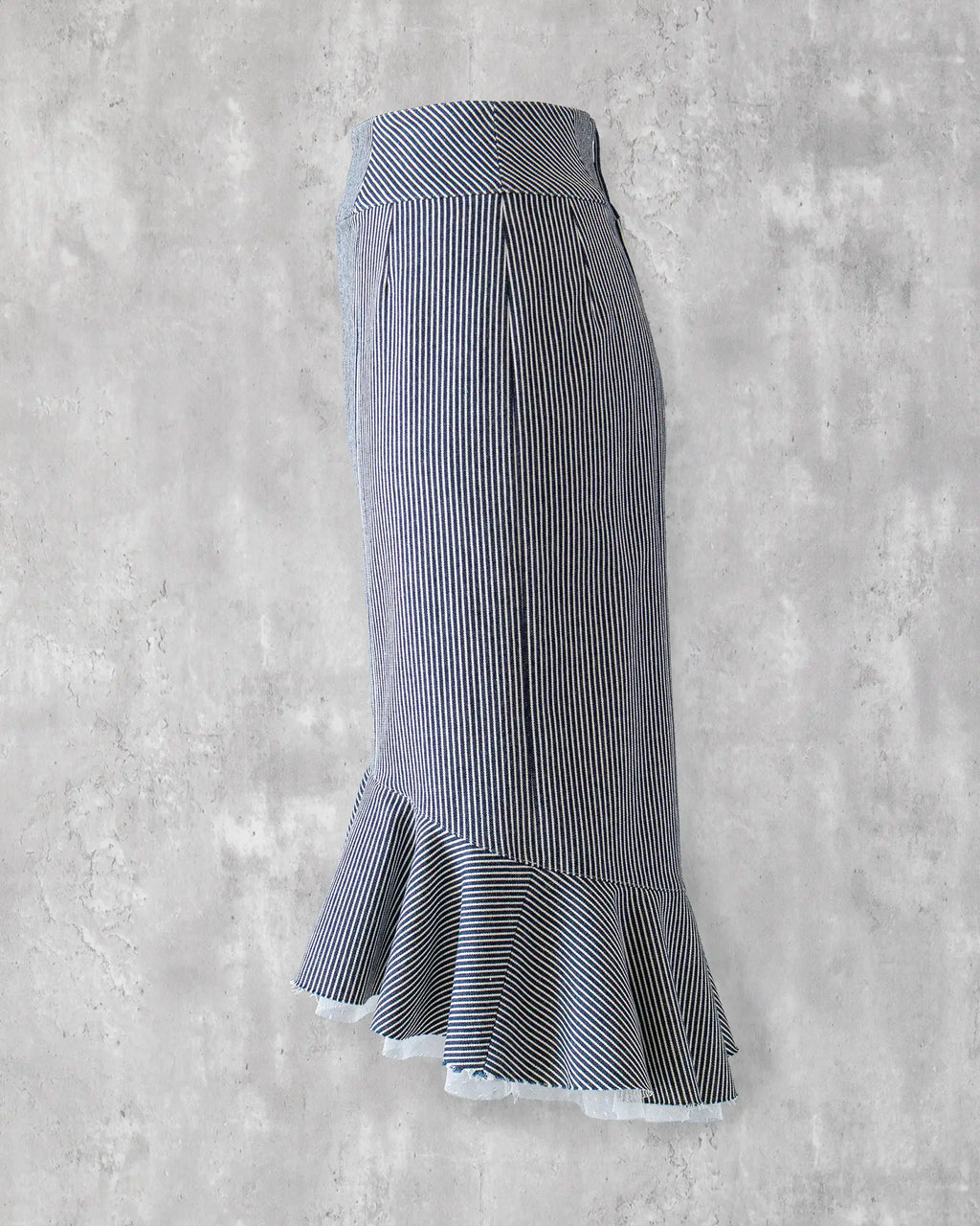 Slim hickory stripe denim skirt, side view — Carla Skirt by Atë