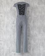 Hickory stripe denim jumpsuit with black skull lace back panel — Carla Jumpsuit by Atë, back view