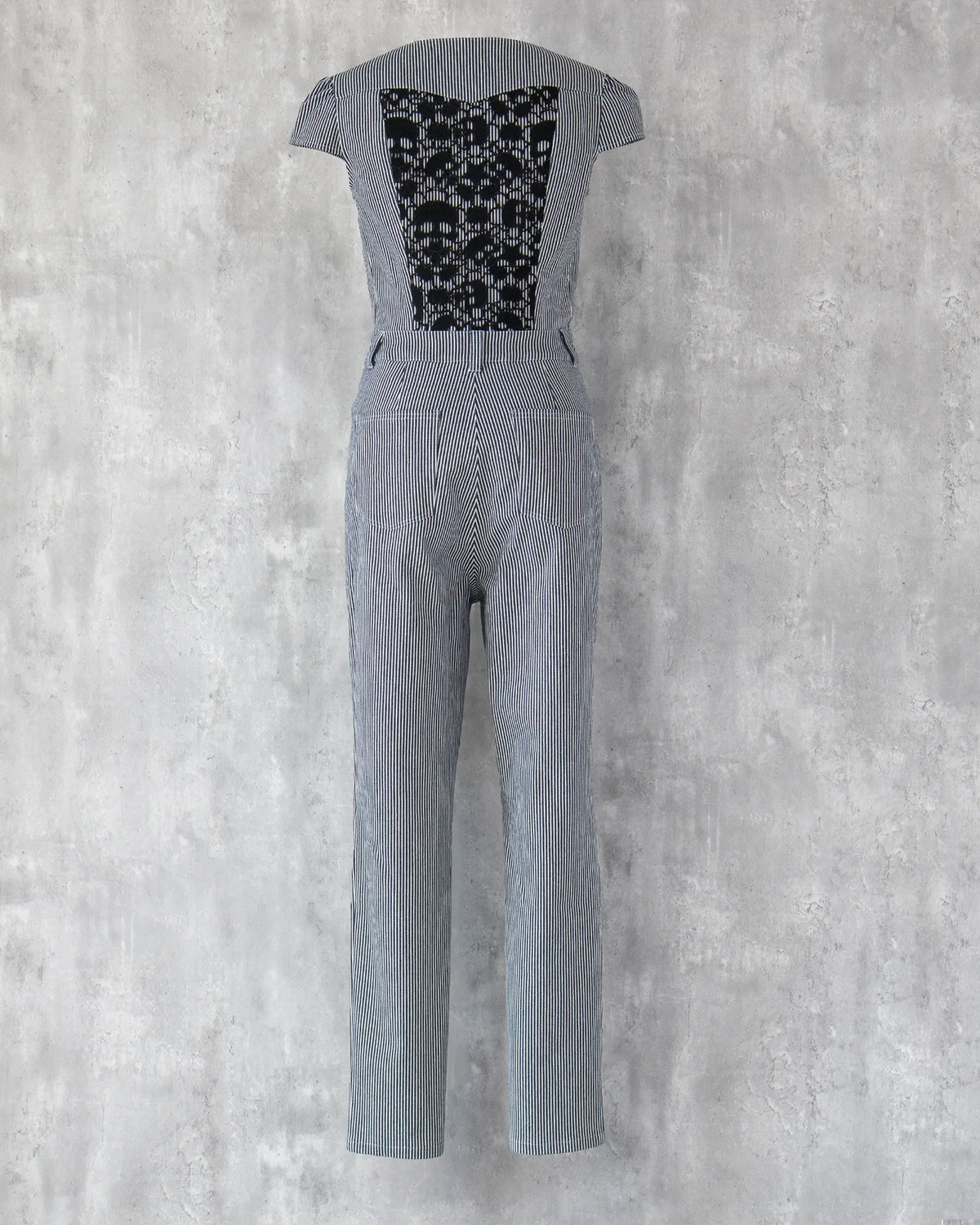 Hickory stripe denim jumpsuit with black skull lace back panel — Carla Jumpsuit by Atë, back view