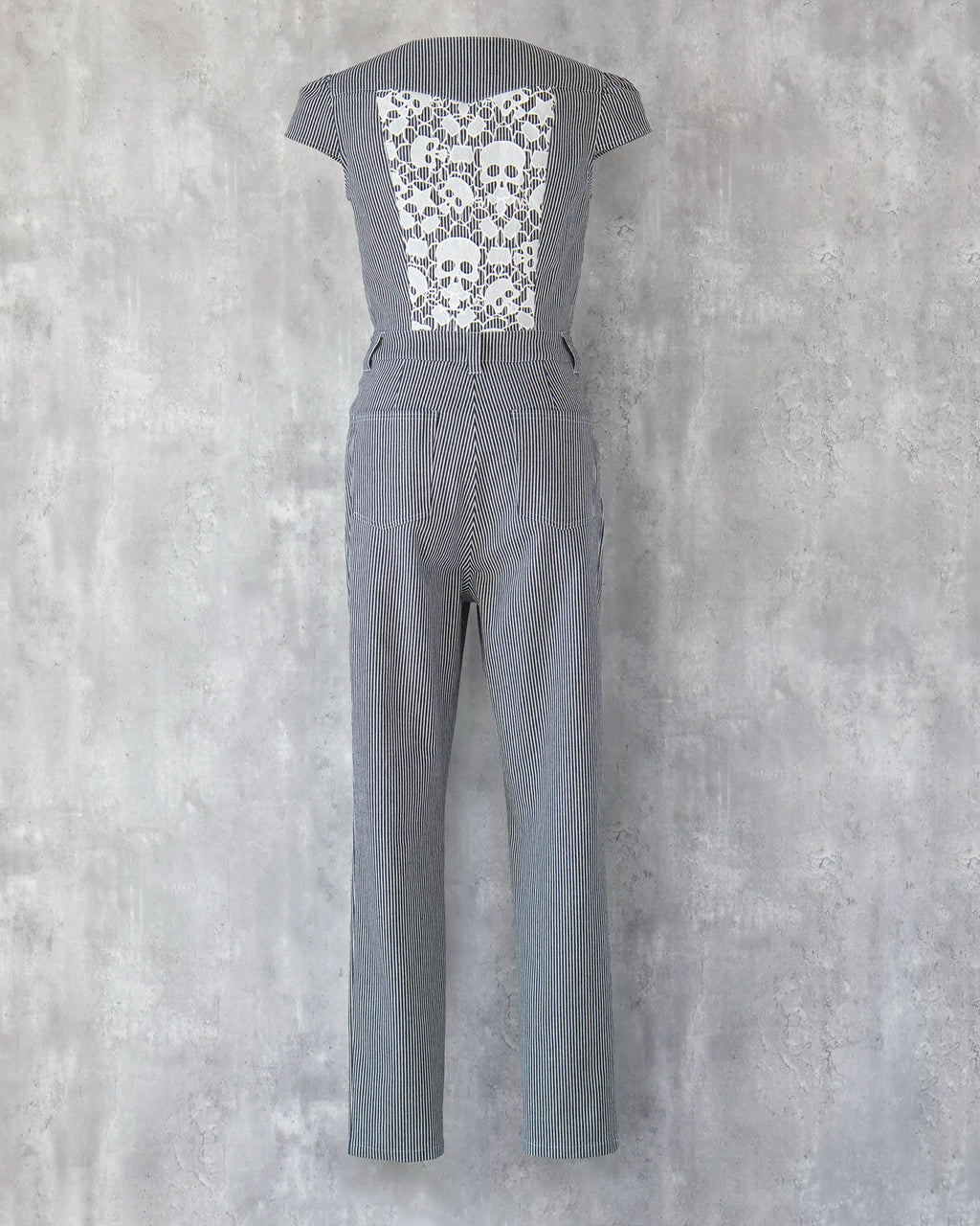 Hickory stripe denim jumpsuit with white skull lace back panel — Carla Jumpsuit by Atë, back view