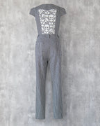 Hickory stripe denim jumpsuit with white skull lace back panel — Carla Jumpsuit by Atë, back view