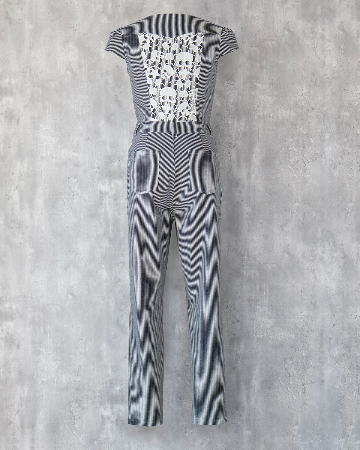 Hickory stripe denim jumpsuit with white skull lace back panel — Carla Jumpsuit by Atë, back view