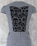 Carla Jumpsuit in indigo hickory denim — detail of black skull-motif lace on the back