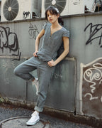 Women's zip-front hickory denim jumpsuit with cap sleeves, full length — Carla Jumpsuit by Atë