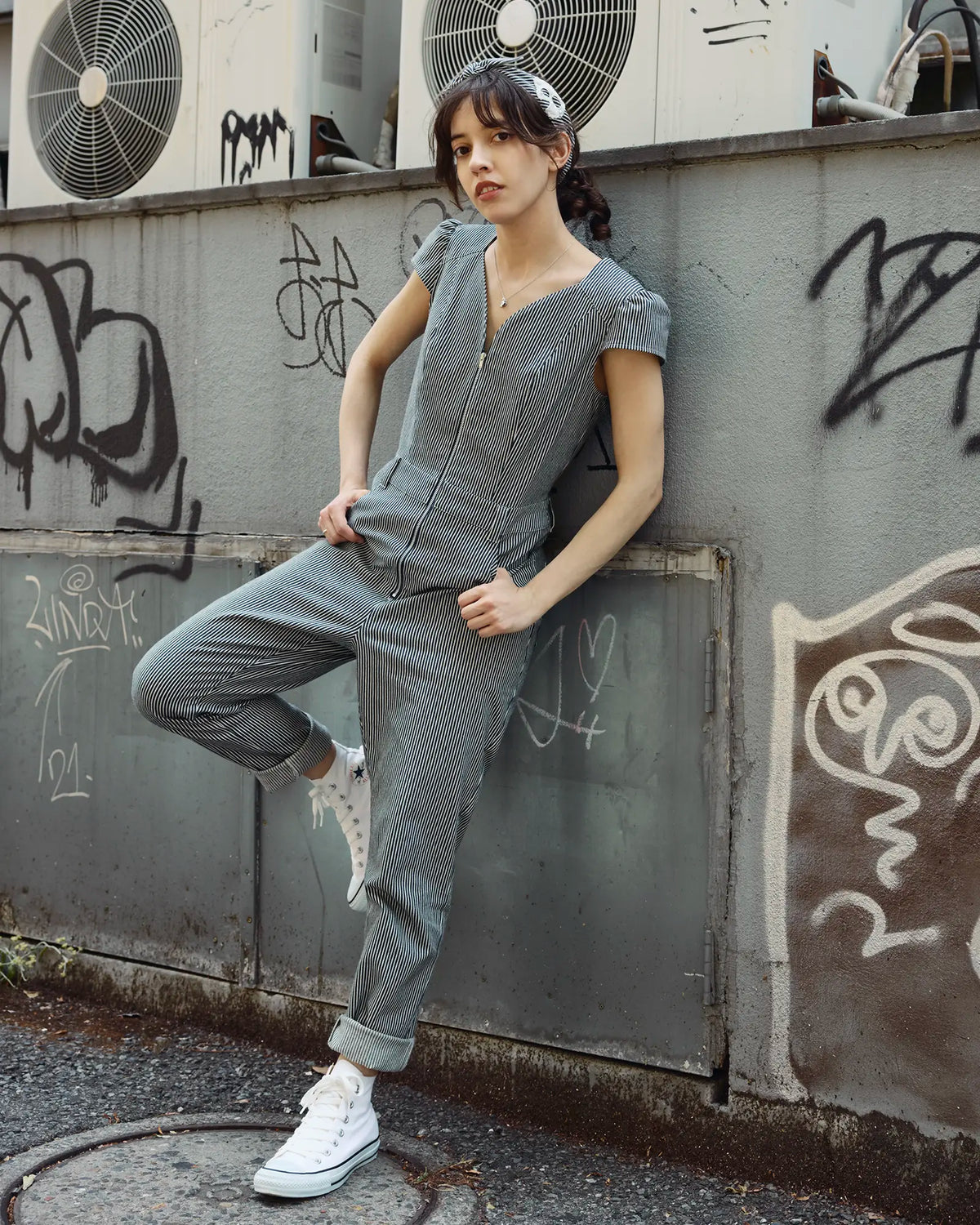 Women's zip-front hickory denim jumpsuit with cap sleeves, full length — Carla Jumpsuit by Atë