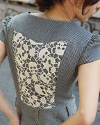 Skull lace back panel detail on a women's hickory stripe denim jumpsuit, made in Japan — Carla Jumpsuit by Atë