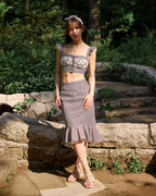 Full Carla indigo hickory denim coordinate, bustier and skirt, park setting — Carla by Atë