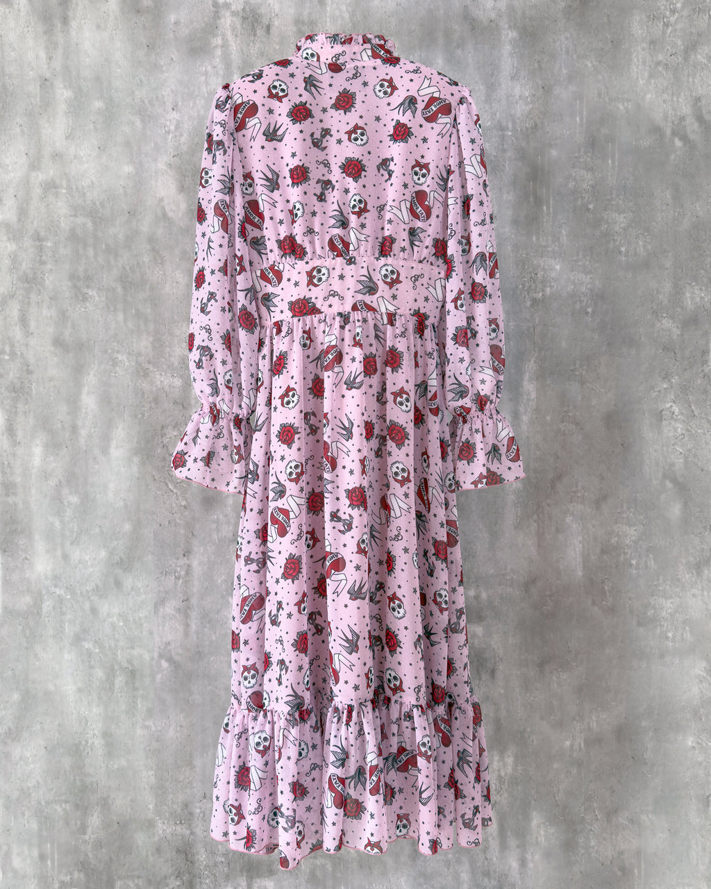 Katie Dress in tattoo-inspired print on pale pink chiffon — back view