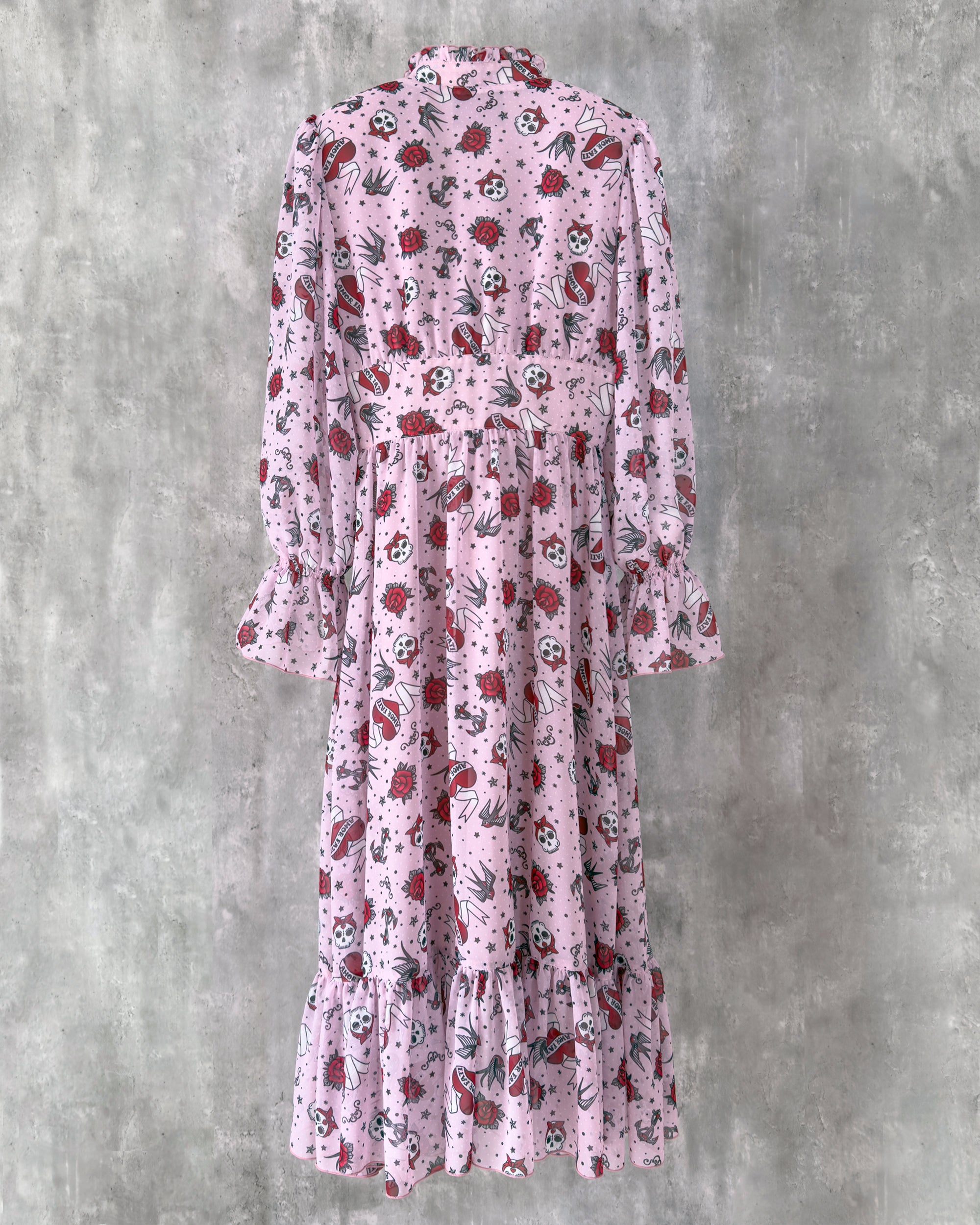 Katie Dress in tattoo-inspired print on pale pink chiffon — back view