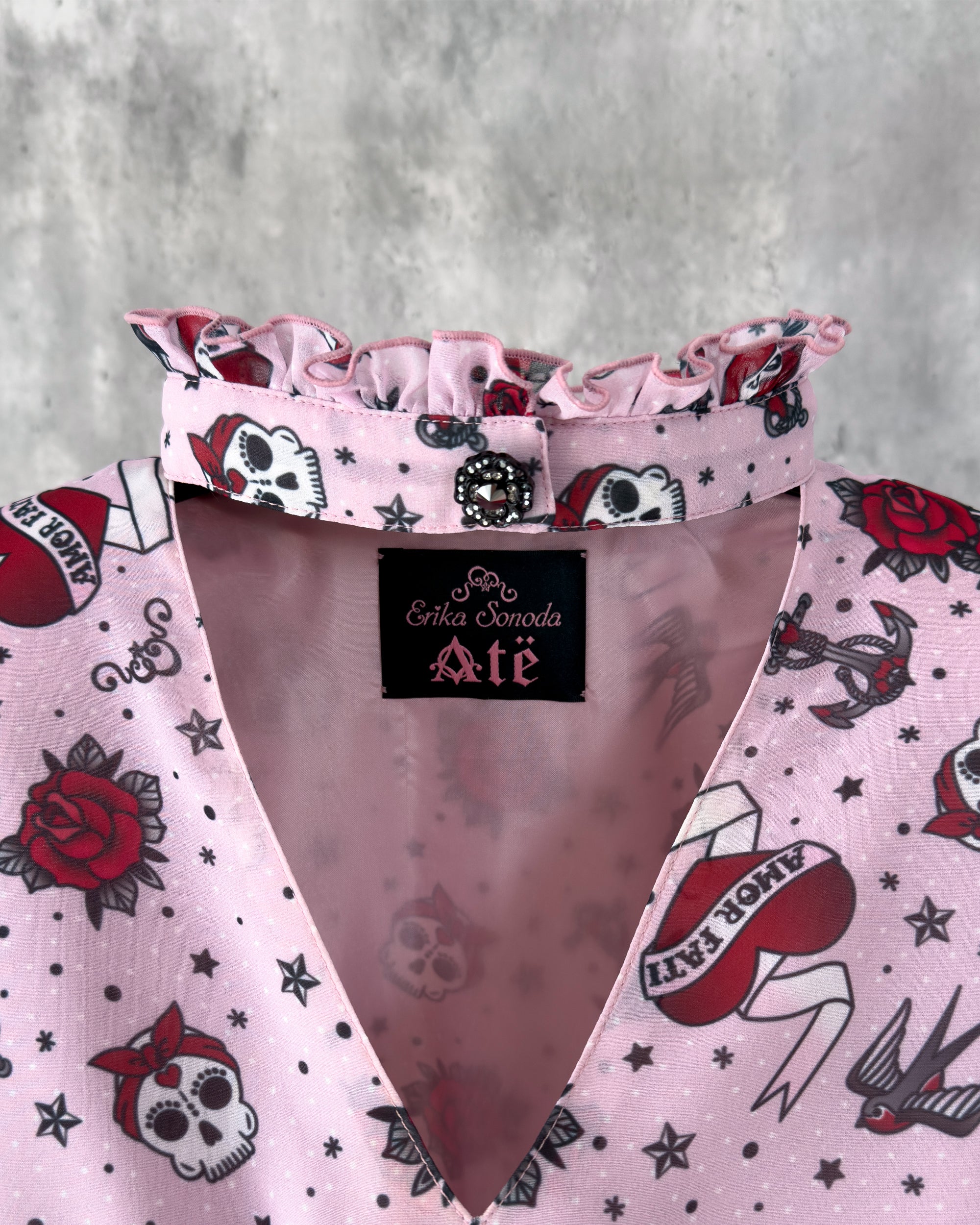Collar detail of the pale dusty pink chiffon midi dress — Katie Dress by Atë