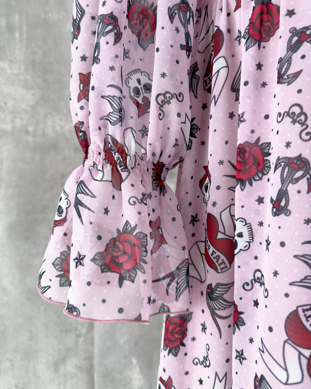 Sleeve detail of the pale dusty pink chiffon midi dress — Katie Dress by Atë