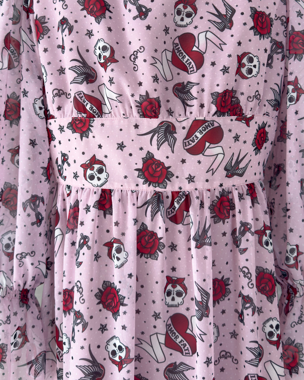 Waistband detail of the pale dusty pink chiffon midi dress — Katie Dress by Atë