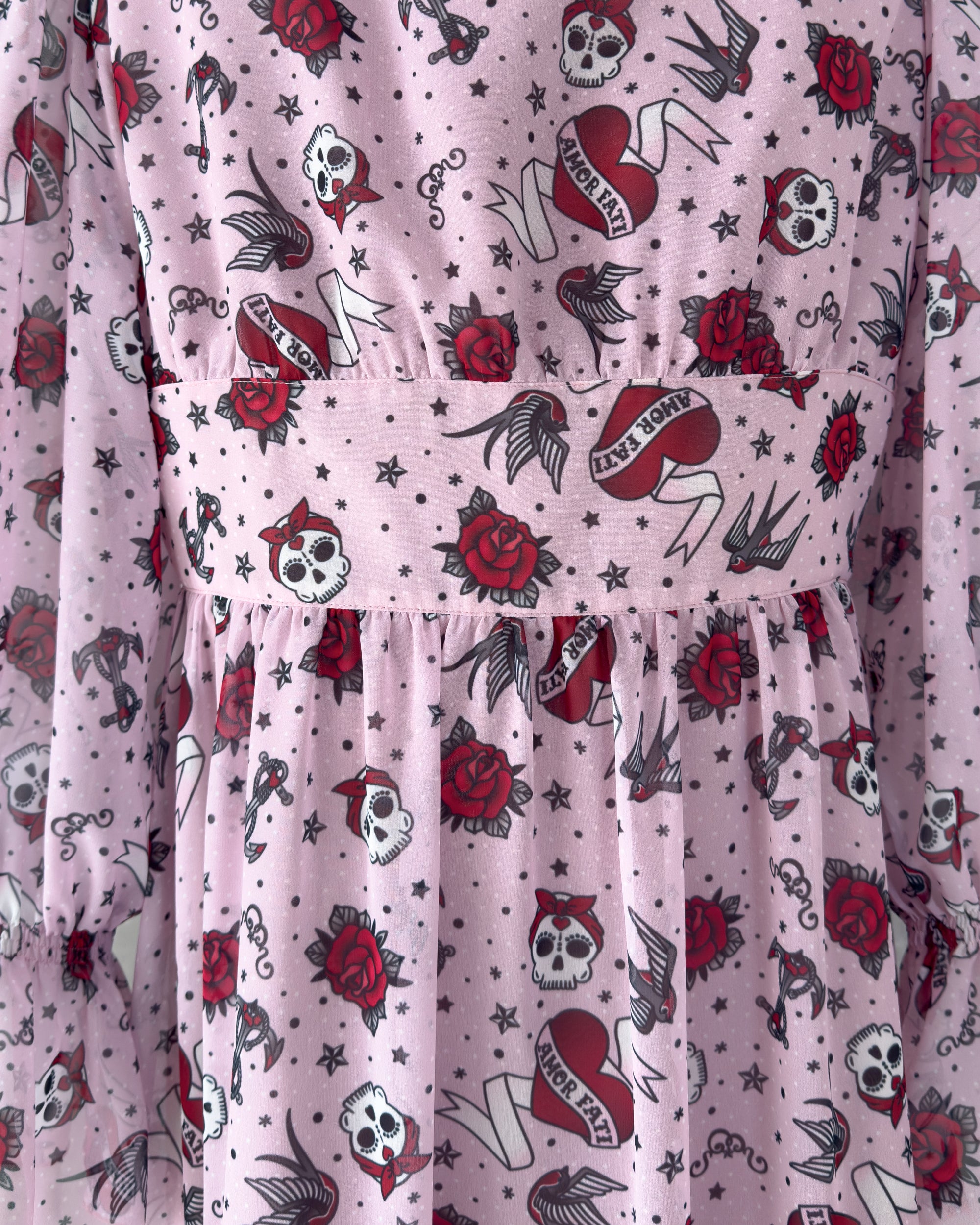 Waistband detail of the pale dusty pink chiffon midi dress — Katie Dress by Atë