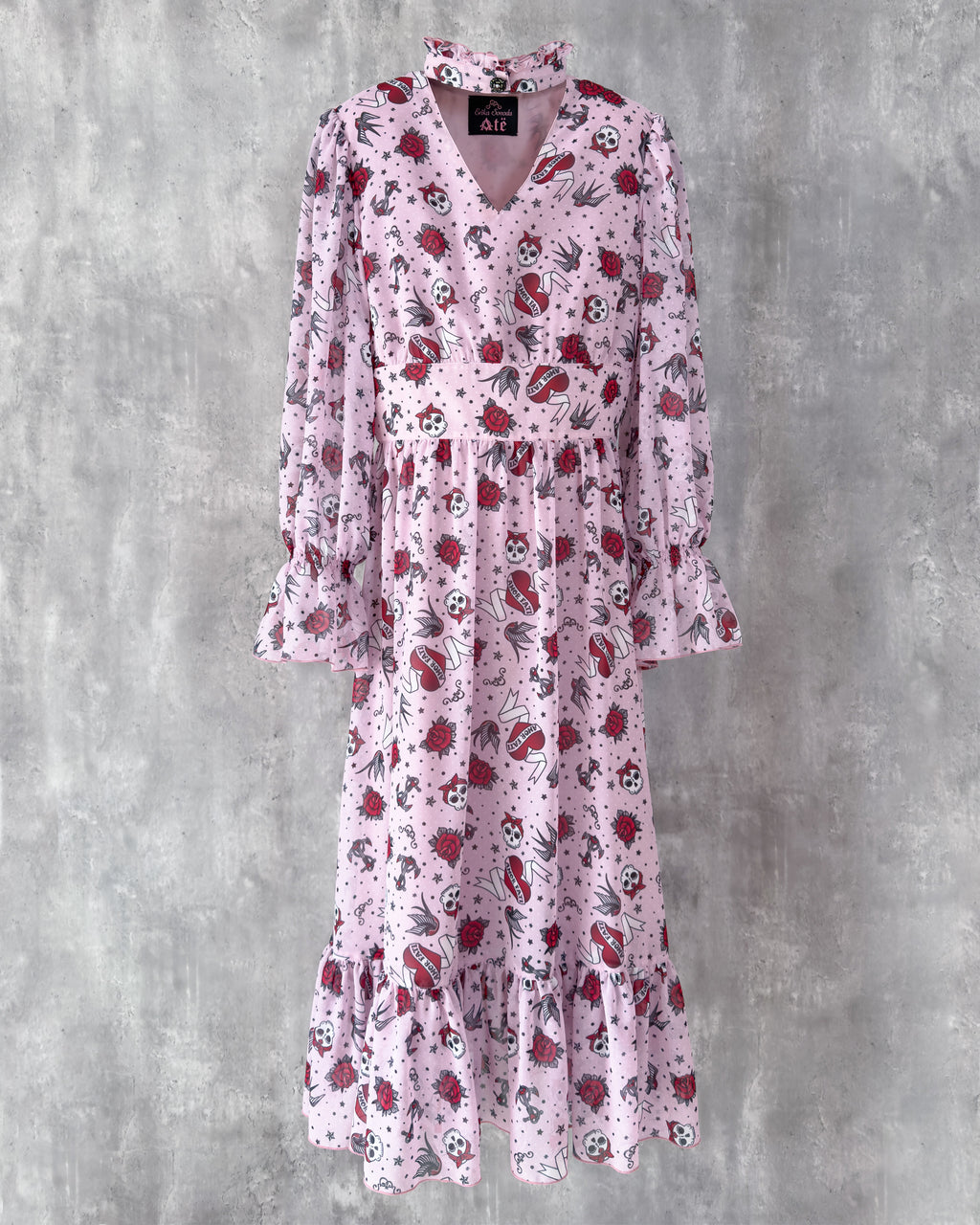 Katie Dress in tattoo-inspired print on pale pink chiffon — front view