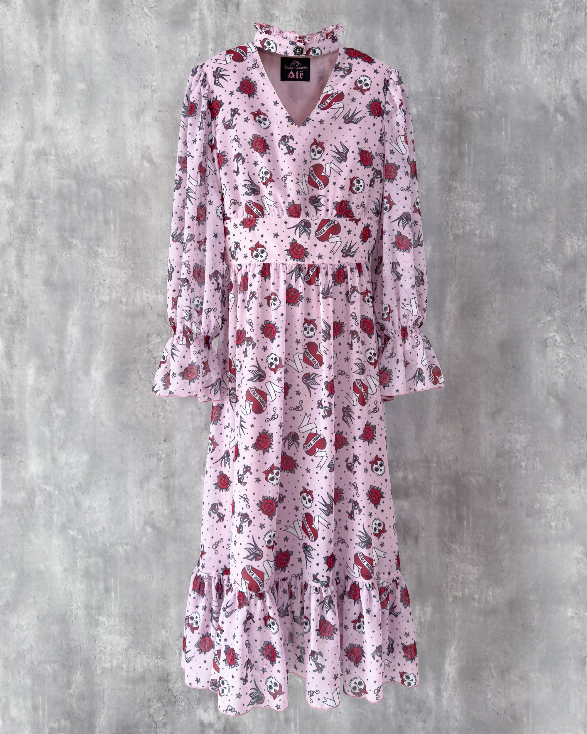 Katie Dress in tattoo-inspired print on pale pink chiffon — front view