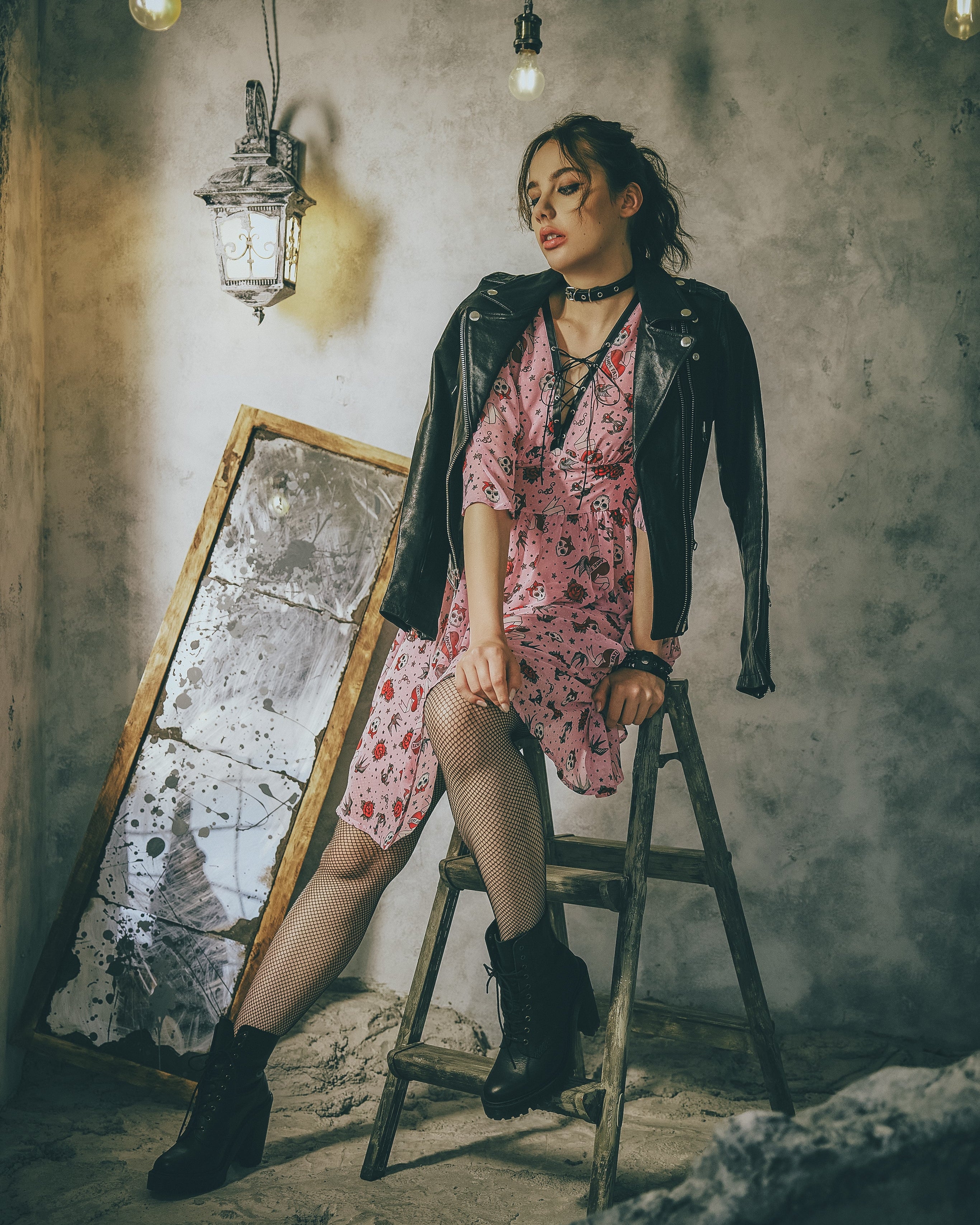 Model wearing Lola Dress with leather jacket — rock styling, Atë